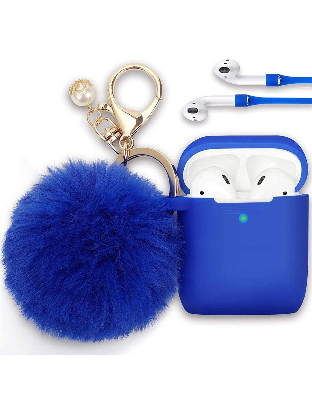 Dark Blue Fur Pom Pom Apple AirPods Case 1/2 Silicone Shockproof Full Keychain